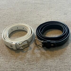 MaiKun‎ Set 2 Skinny Belts Black and White Faux Leather Silver Buckle 46.5 Inch